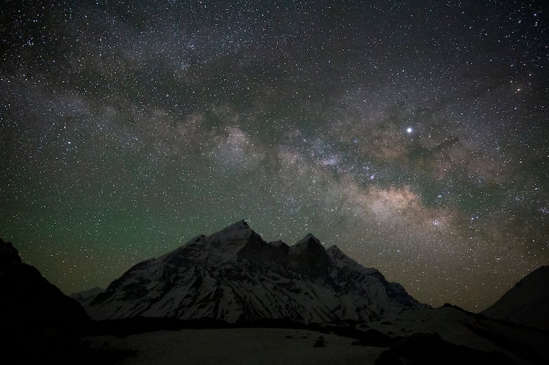 The Milky Way glows above the 6856 meters tall Bhagirathi peaks as seen from Tapovan, at an altitude of 4500 meters in the northern Indian state of Uttarakhand, Friday, May 10, 2019.