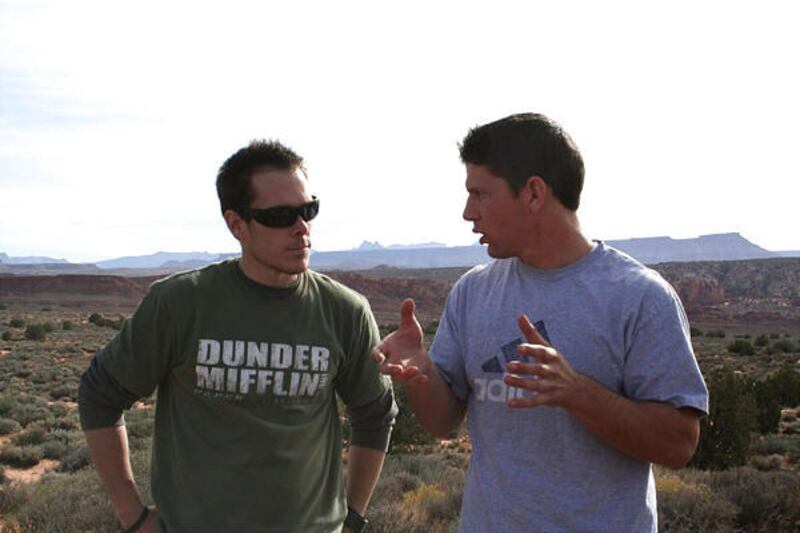 Dixie State College student filmmakers Bobby Bowden, left, and Ben Braten on the "Dream Utah" set.