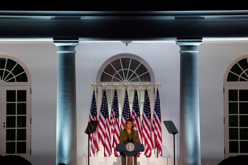 First lady Melania Trump speaks on the second day of the Republican National Convention from the Rose Garden of the White House, Tuesday, Aug. 25, 2020, in Washington.