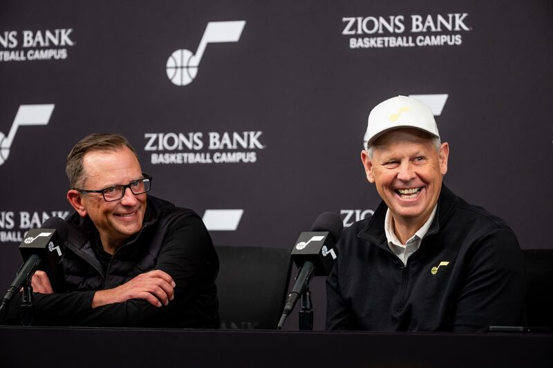 Utah Jazz general manager Justin Zanik, left, and Jazz CEO Danny Ainge field questions during end-of-season press conference.