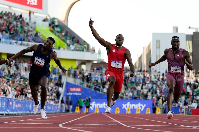 Noah Lyles celebrates after winning the men's 100-meter final during the U.S. Track and Field Olympic Team Trials Sunday, June 23, 2024, in Eugene, Ore.