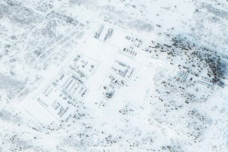 Vehicles and tanks were stationed at the Pogonovo training area in Voronezh, Russia.