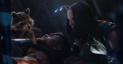 Marvel Studios' AVENGERS: INFINITY WAR
L to R: Rocket (Voiced by Bradley Cooper), Thor (Chris Hemsworth) and Mantis (Pom Klementieff)
Photo: Film Frame
©Marvel Studios 2018