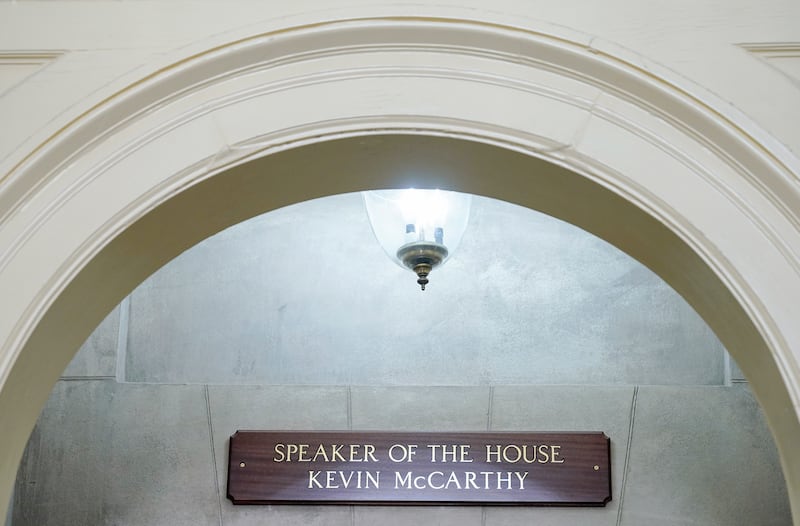 A sign still bearing the name of Rep. Kevin McCarthy, R-Calif., is seen outside the office of the House speaker on Oct. 23, 2023, in Washington.