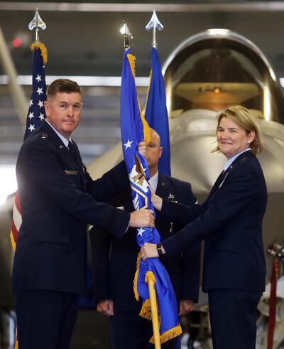 Lt. Gen. Donald E. Kirkland and Brig. Gen. C. McCauley von Hoffman pose for photos as von Hoffman takes command of the Ogden Air Logistics Complex during a ceremony at Hill Air Force Base near Ogden on Friday, July 19, 2019. Von Hoffman replaces Maj. Gen.