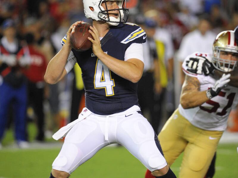 San Diego Chargers quarterback Brad Sorensen looks to throw a pass against the San Francisco 49ers during the second half of an NFL preseason football game, Thursday, Aug. 29, 2013, in San Diego. (AP Photo/Denis Poroy)