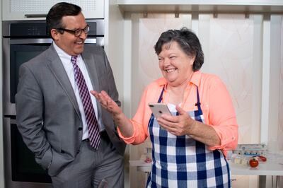 KSL "Studio 5" relationship contributor Matt Townsend and food and home economics contributor Becky Low share a laugh during a commercial break during Low's final cooking segment on April 25, 2019 in Salt Lake City.