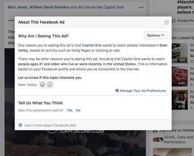 It's easy to find out why Facebook shows you any ad.