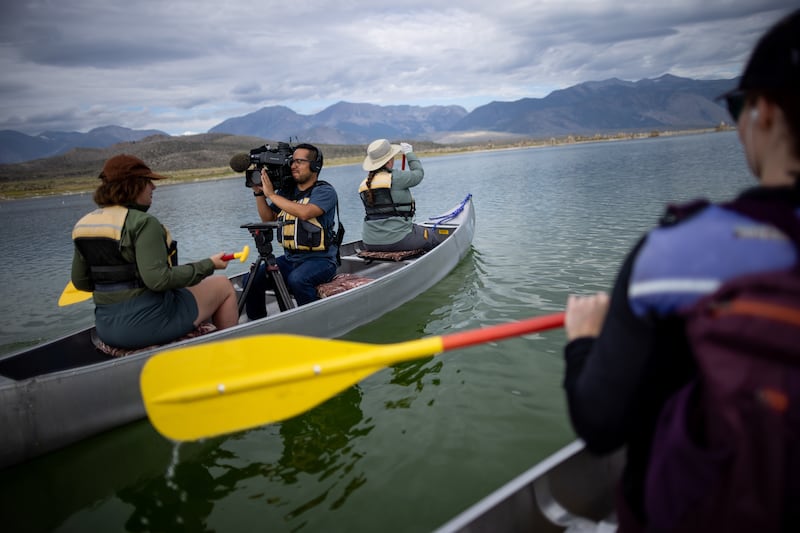 KSTU photojournalist Manny Rodriguez works on a story at Mono Lake in California on Aug. 9, 2022.