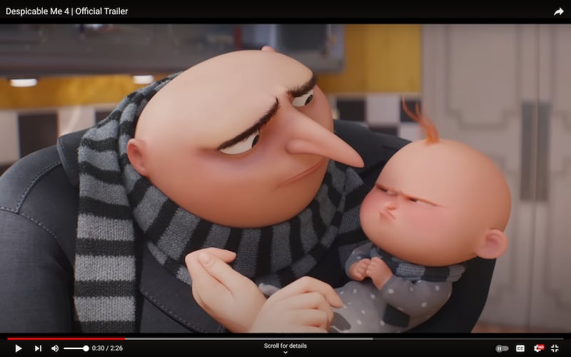 Gru from “Despicable Me” is pictured with his son in this screenshot from the upcoming fourth installment of the movie series.