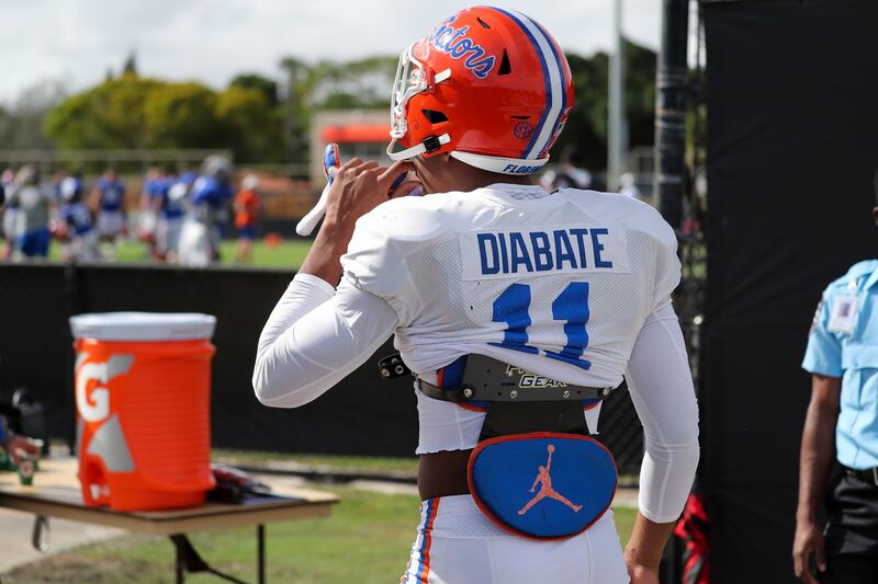 Florida Gators linebacker Mohamoud Diabate (11) enters the field for practice ahead of the Orange Bowl.