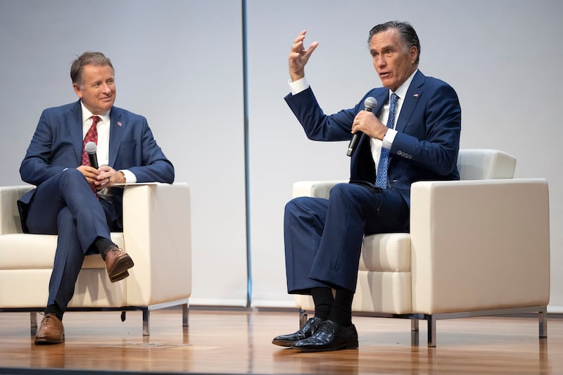 University of Utah President Taylor Randall listens to Utah GOP Sen. Mitt Romney during the inaugural Fintech Summit.