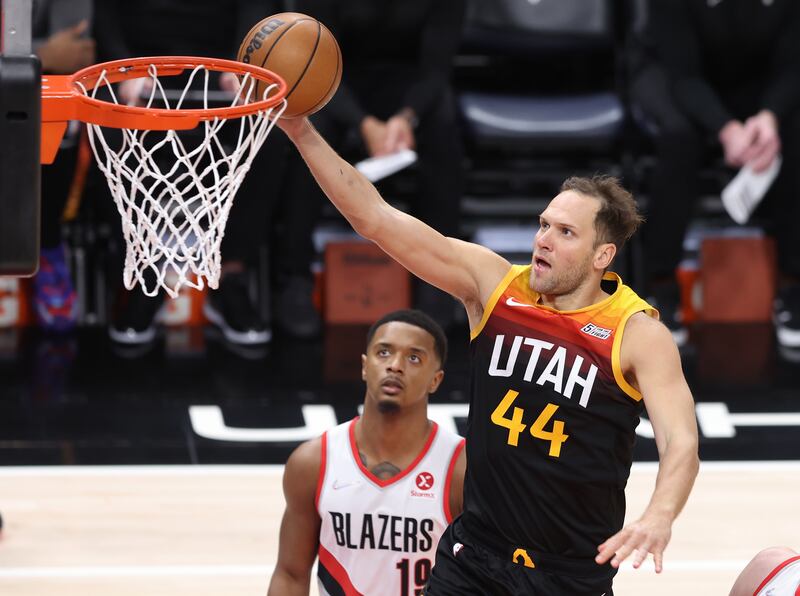 Utah Jazz forward Bojan Bogdanovic lays the ball up