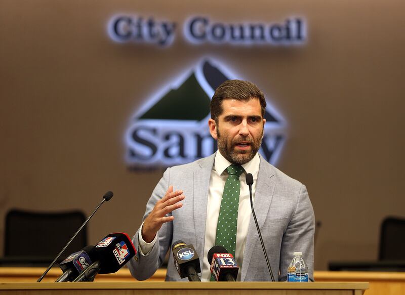 FILE - Mayor Kurt Bradburn talks to the media at Sandy City Hall in Sandy on Tuesday, April 24, 2018.
