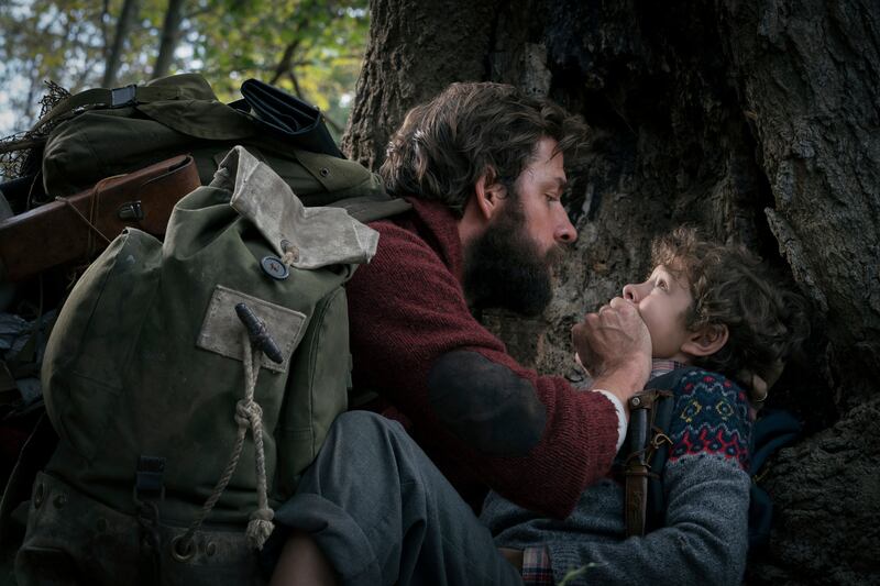 This image released by Paramount Pictures shows John Krasinski, left, and Noah Jupe in a scene from “A Quiet Place.”