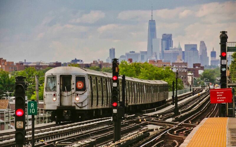 Aa Metropolitan Transportation Authority (MTA) subway train above ground in Brooklyn.