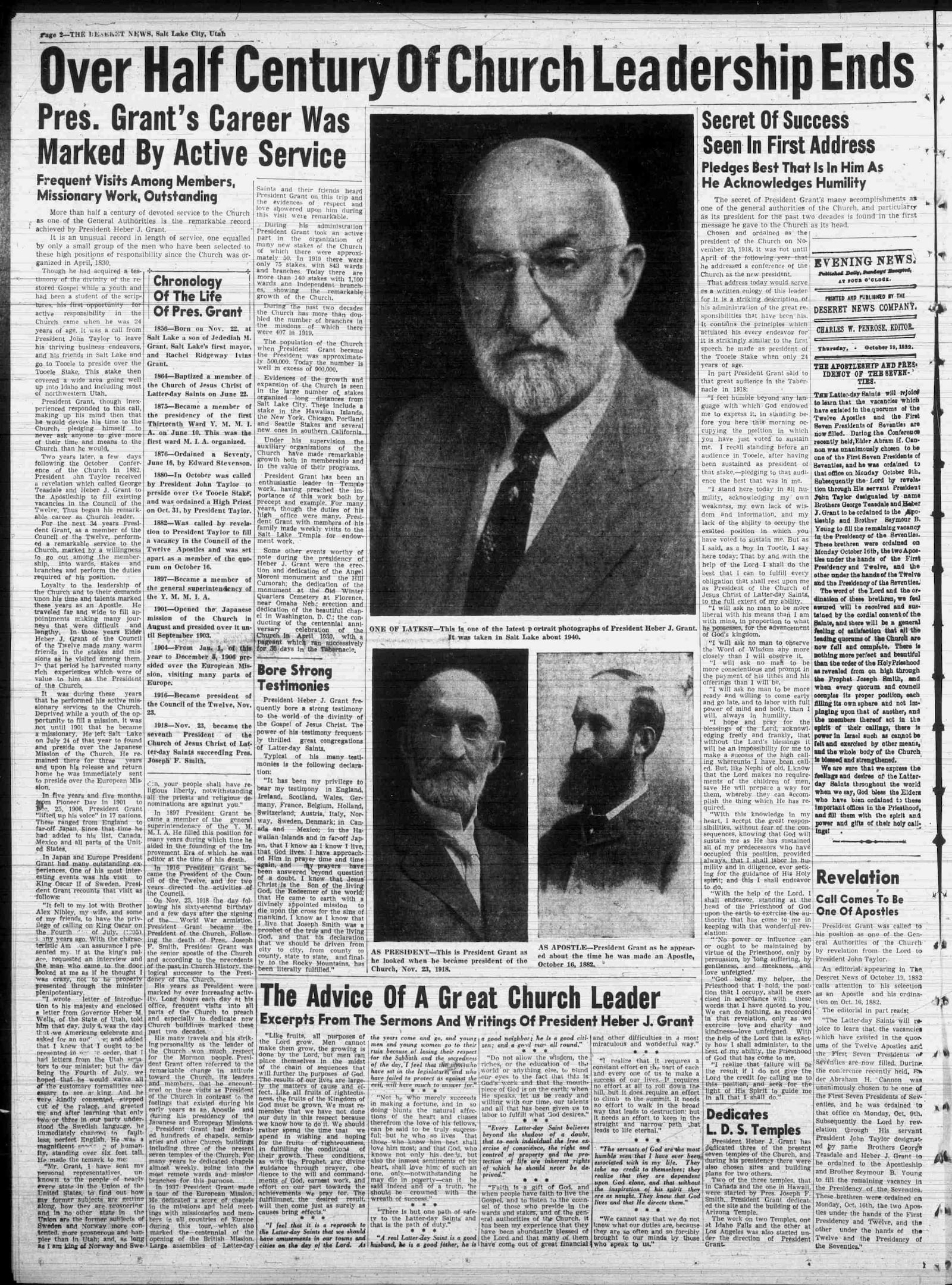 Deseret News archives +: President Heber J. Grant died on this day in ...