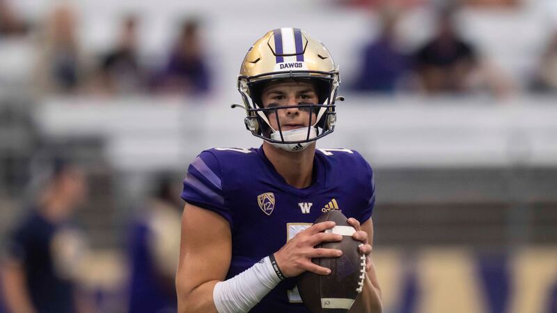 Washington quarterback Sam Huard is pictured before an NCAA football game against Kent State on Saturday, Sept. 3, 2022, in Seattle. Washington won 45-20.