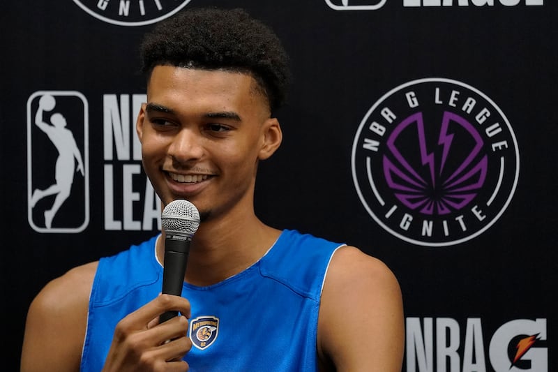 Boulogne-Levallois Metropolitans 92’s Victor Wembanyama speaks to the media Monday, Oct. 3, 2022, in Las Vegas. (AP Photo/Abbie Parr)