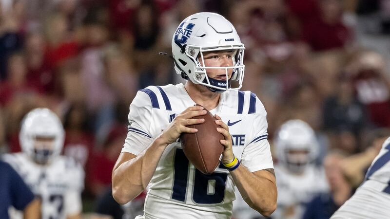 Utah State quarterback Levi Williams (16) during an NCAA college football game on Sept. 3, 2022, in Tuscaloosa, Ala.