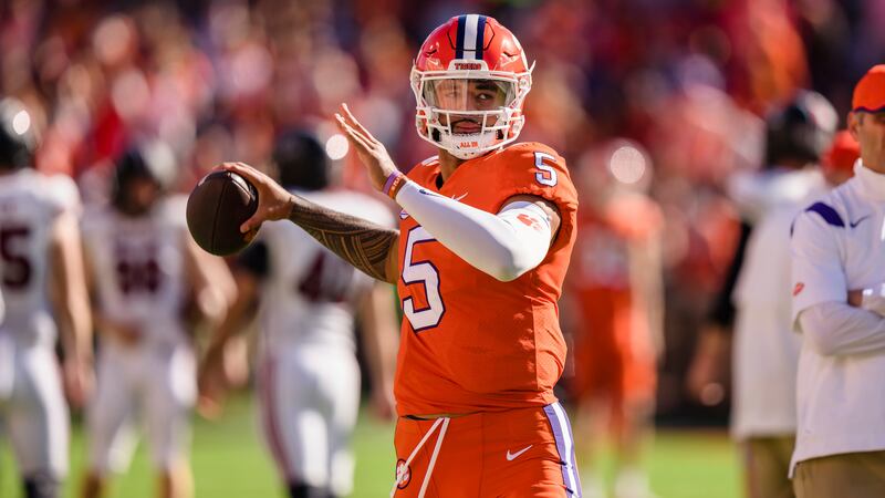 Clemson quarterback DJ Uiagalelei warms up before a game against South Carolina on Saturday, Nov. 26, 2022, in Clemson, S.C.