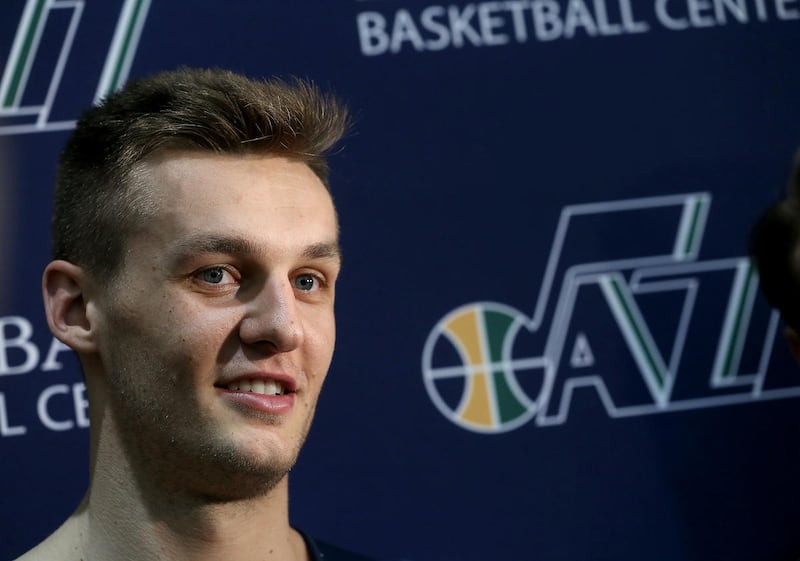 Kyle Collinsworth speaks to reporters during a break from working out with the Utah Jazz at the Zions Bank Basketball Center in Salt Lake City on Friday, June 10, 2016.