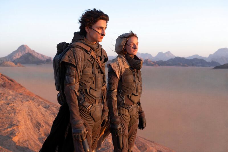 Timothee Chalamet and Rebecca Ferguson in a scene from “Dune.”