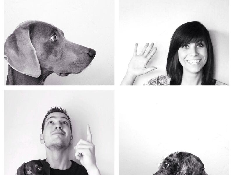 Harlow, top left, Sage, bottom right, and Indiana, bottom left, with their humans. Brittni Vega, top right, and Jeff Vega, bottom left, are the creators of "Harlow & Sage (and Indiana): A True Story about Best Friends" and now "Harlow & Indiana (and Reese