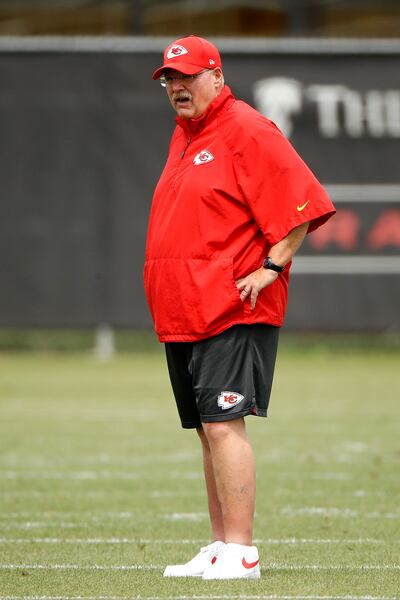 Kansas City Chiefs head coach Andy Reid watches during the team's organized team activities Tuesday, June 12, 2018, in Kansas City, Missouri.