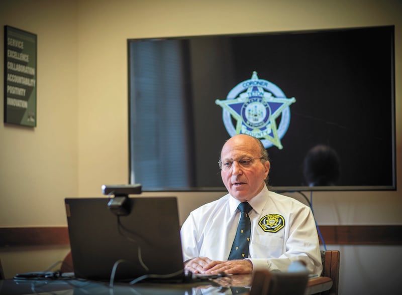 Teton County Coroner Dr. Brent Blue gives a press conference in Jackson, Wyoming.