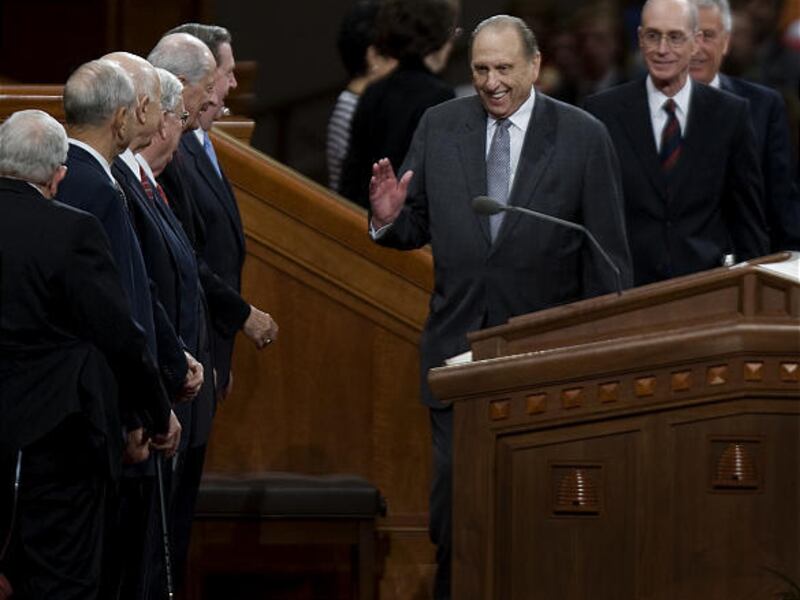 President Thomas S. Monson arrives to the stand at the Conference Center of The Church of Jesus Christ of Latter-day Saints in Salt Lake City for the Sunday morning session of general conference.