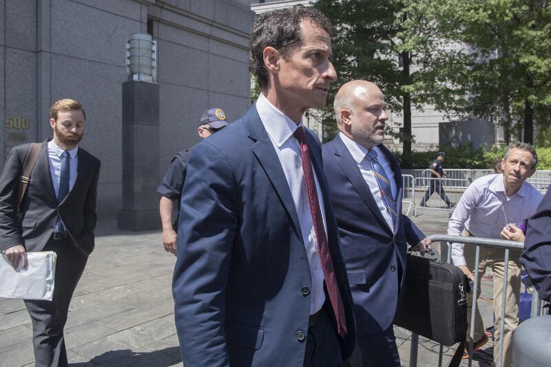 Former U.S. Rep. Anthony Weiner leaves Federal court, Friday, May 19, 2017, in New York. Weiner pleaded guilty to a charge of transmitting sexual material to a minor and could get years in prison.