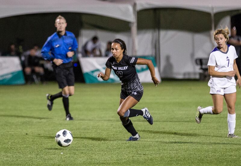 UVU junior defender Hannah Bruce moves the ball upfield. Bruce has been selected to represent the Western Athletic Conference at the NCAA Leadership Forum this April in Orlando, Florida.