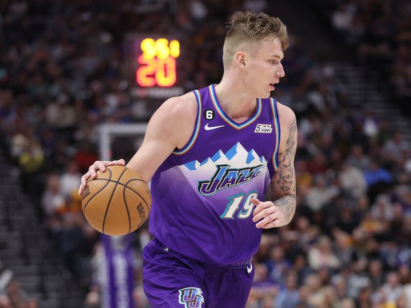 Utah Jazz Luka Samanic dribbles up cour