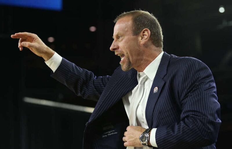 Utah Utes head coach Larry Krystkowiak as the University of Utah plays Duke in the Sweet Sixteen round of the NCAA Men's Basketball Tournament Friday, March 27, 2015, in Houston.