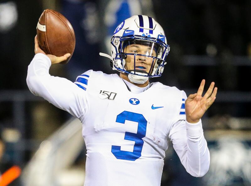 BYU quarterback Jaren Hall makes a throw during a game against Utah State. Could Hall be the team’s starter in 2021?