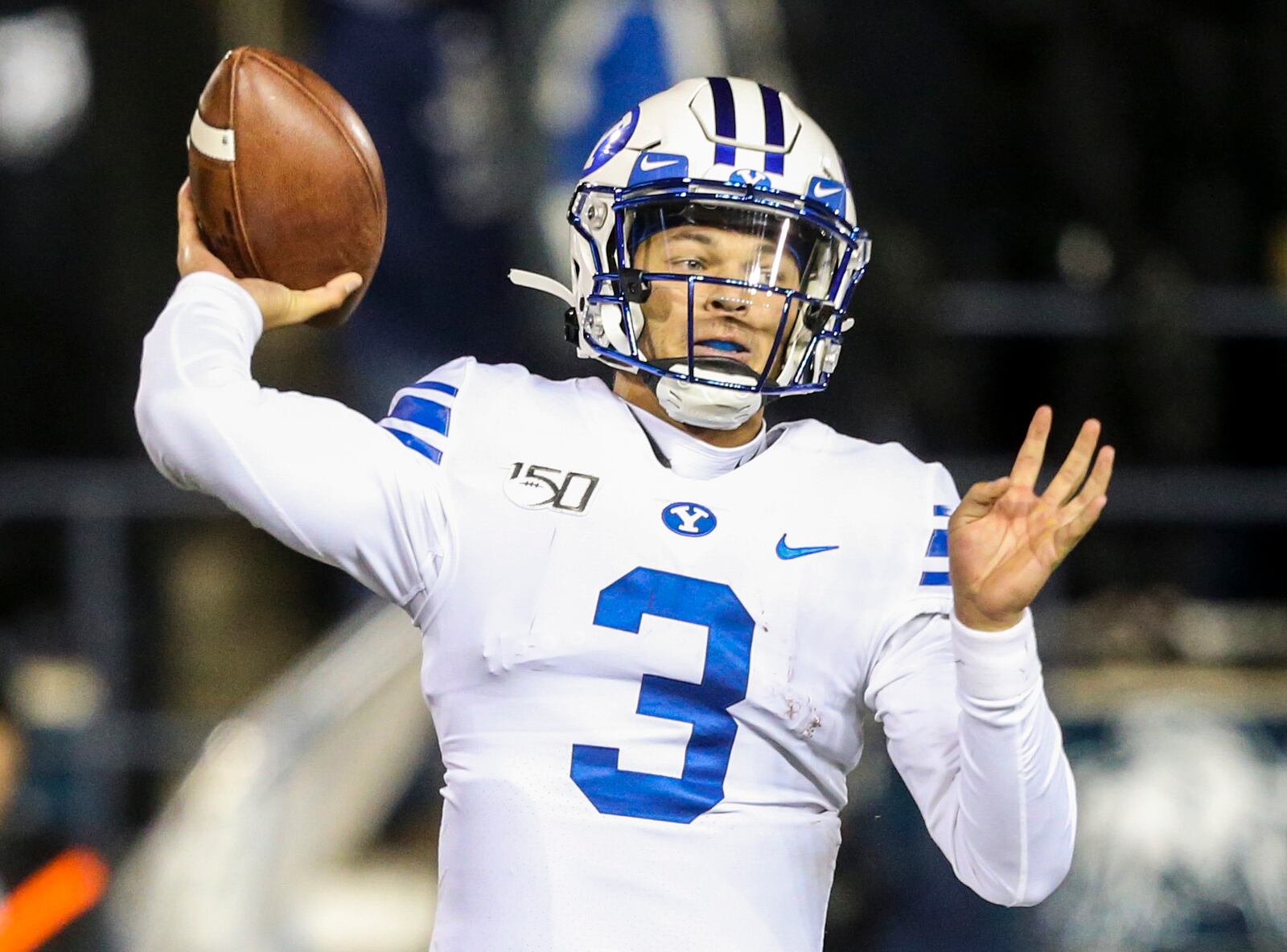 BYU quarterback Jaren Hall makes a throw during a game against Utah State. Could Hall be the team’s starter in 2021?
