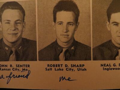 Jerry Kelly's graduation photo for the pilot training class at Luke Field (Ariz.), in March 1944. Sharp wrote, "Went overseas with Jerry — my best friend. Killed on 10th mission."