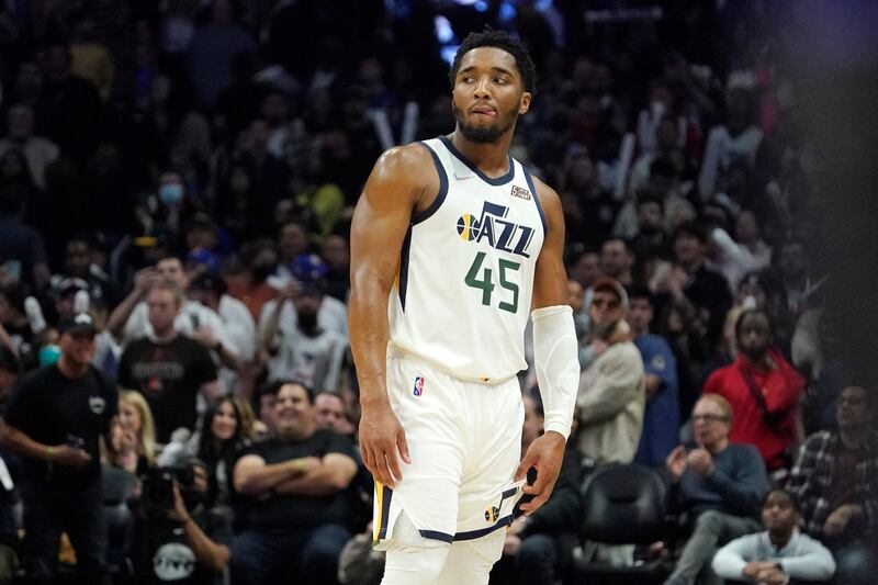 Utah Jazz guard Donovan Mitchell looks on after being called for a technical foul