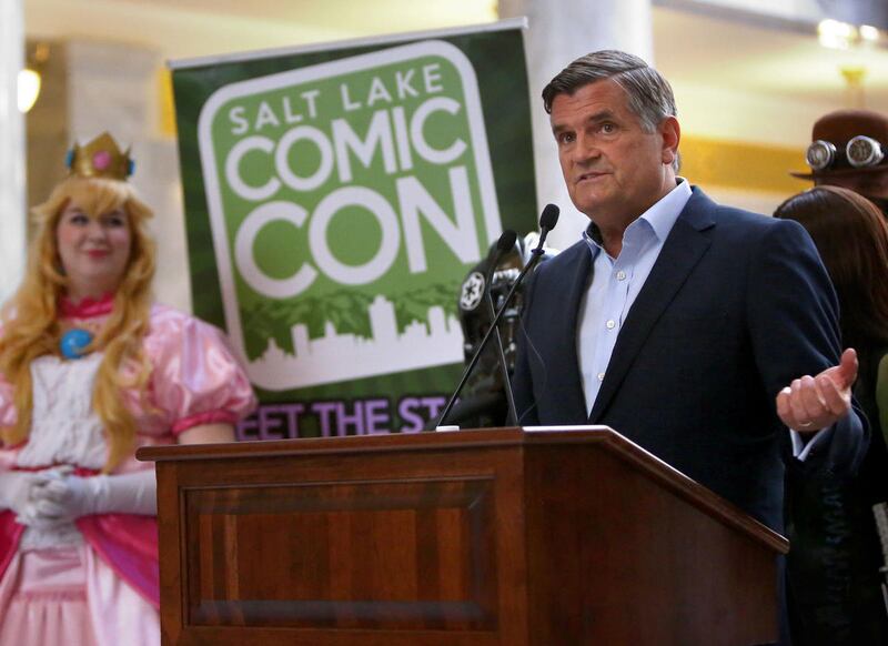 FILE - Bryan Brandenburg, Salt Lake Comic Con co-founder and chief marketing officer, speaks during a press conference to announce the first guests of the upcoming fourth annual Salt Lake Comic Con at the State Capitol in Salt Lake City on Wednesday, May