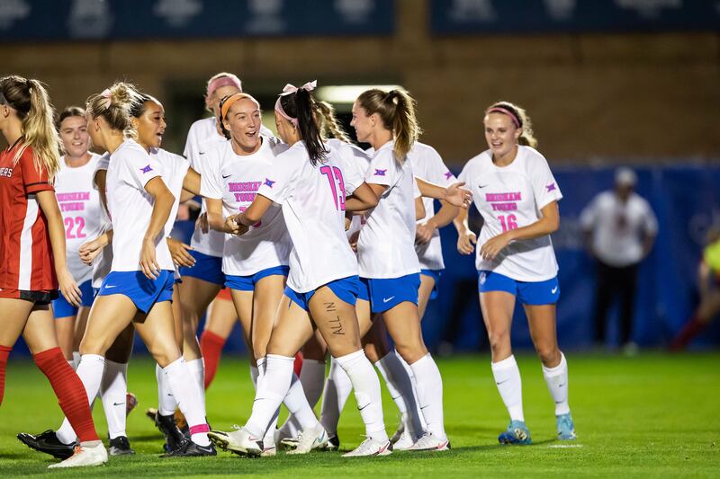 BYU players celebrate during match against Texas Tech at South Field in Provo on Oct. 6, 2023.