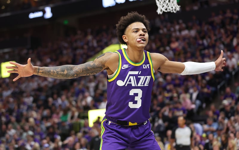 Utah Jazz guard Keyonte George defends an inbound pass against the Sacramento Kings in Salt Lake City, Oct. 25, 2023.