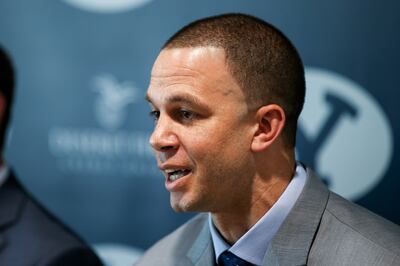 Newly hired Brigham Young University basketball assistant coach Nick Robinson speaks at a press conference at the Marriott Center Annex in Provo on Thursday, April 25, 2019.