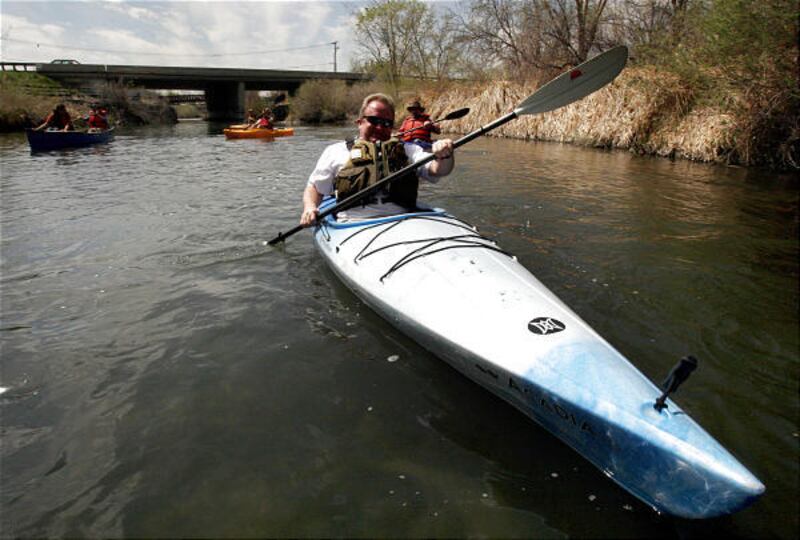 Taylorsville Mayor Russ Wall paddles as he and other mayors from Davis, Salt Lake and Utah counties kick off the Jordan Blueprint project in May.