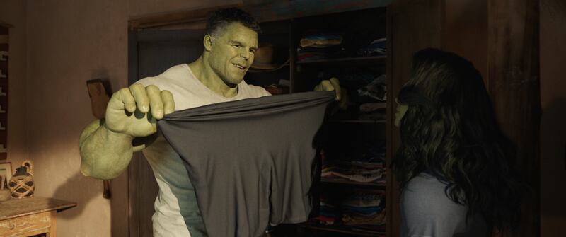 A still from “She-Hulk: Attorney at Law,” with Mark Ruffalo as Smart Hulk / Bruce Banner and Tatiana Maslany as Jennifer “Jen” Walters/She-Hulk.