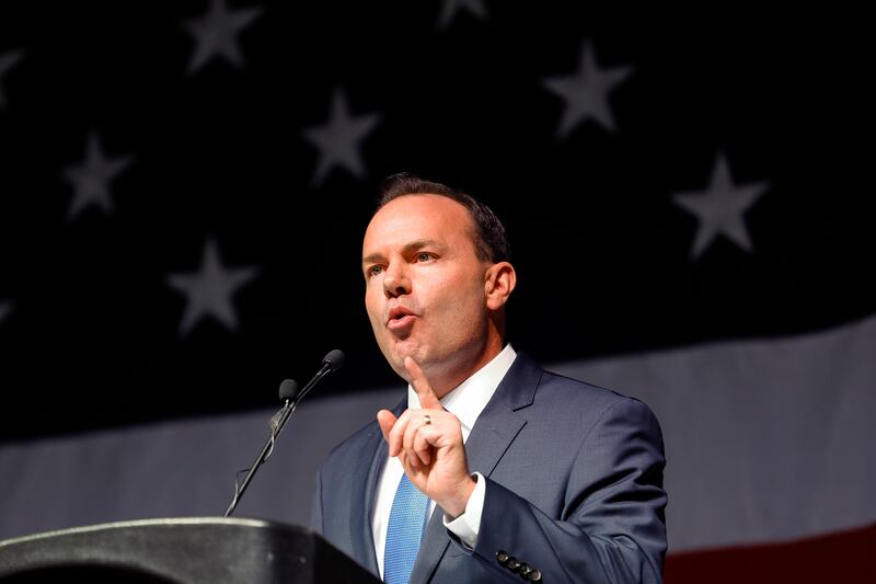 Sen. Mike Lee speaks to delegates at the GOP State Convention at the Mountain America Exposition Center in Sandy.