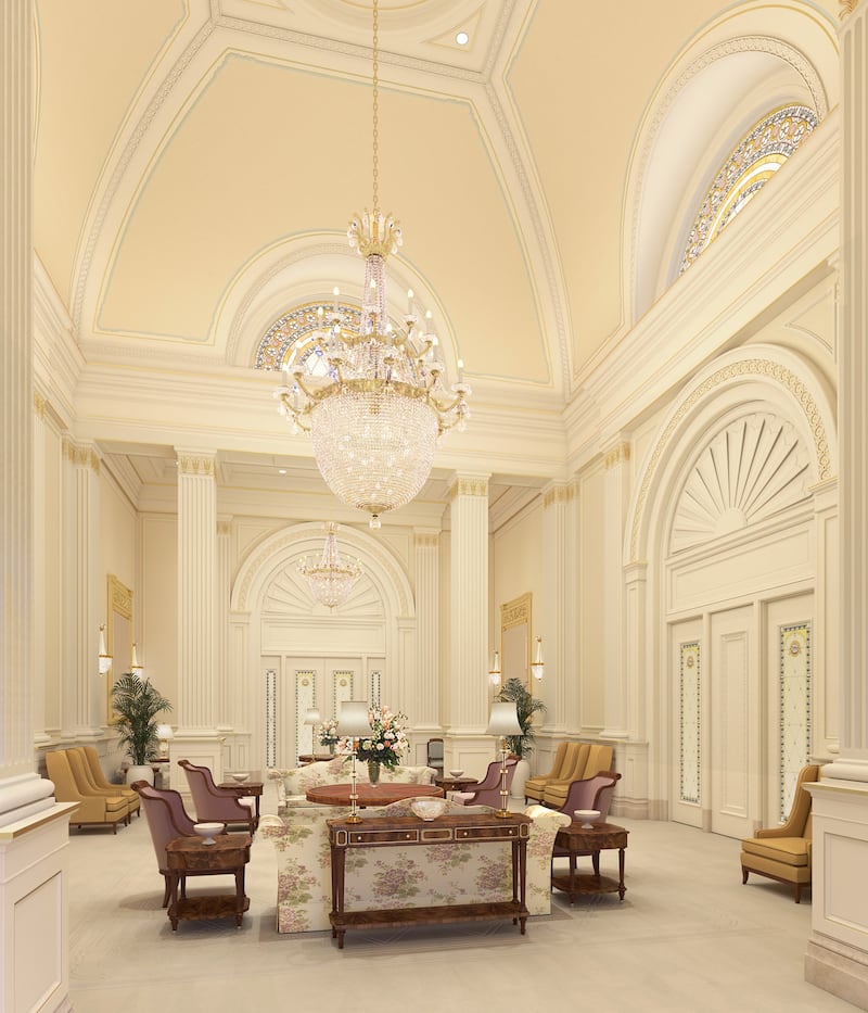 An artist’s illustration of the celestial room of the Deseret Peak Utah Temple of The Church of Jesus Christ of Latter-day Saints.
