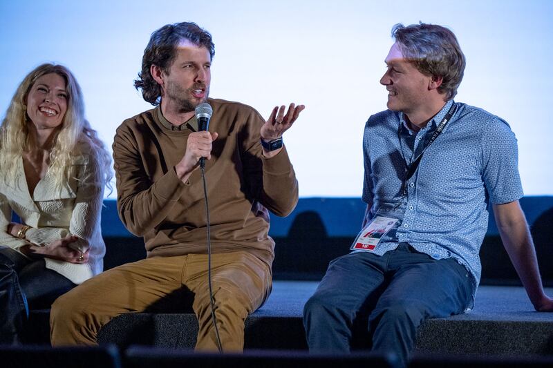 Actors Jon Heder, left, and Jason Gray talk about their new film, “Funny Thing About Love.”