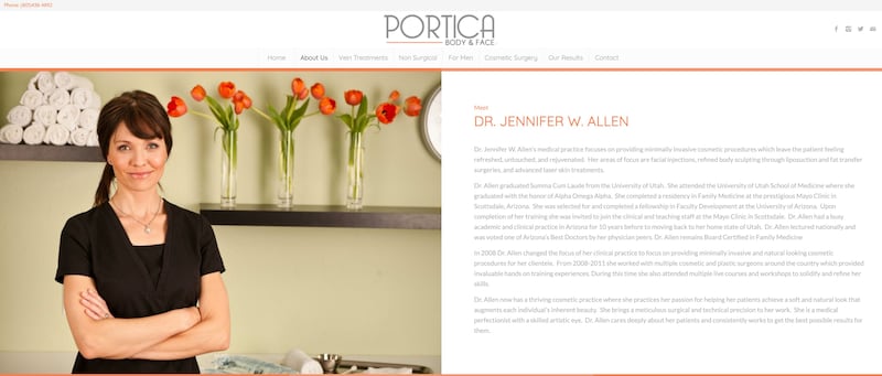 Dr. Jennifer Allen pictured on Portica Body & Face's website, 2019.