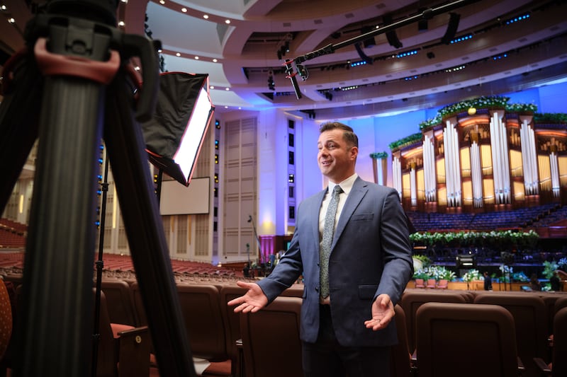 Alex Melecio, Spanish narrator for “Music & the Spoken Word,” speaks to journalists at a news conference about the 5,000th episode of “Music & the Spoken Word” in the Conference Center in Salt Lake City, on July 11, 2025.